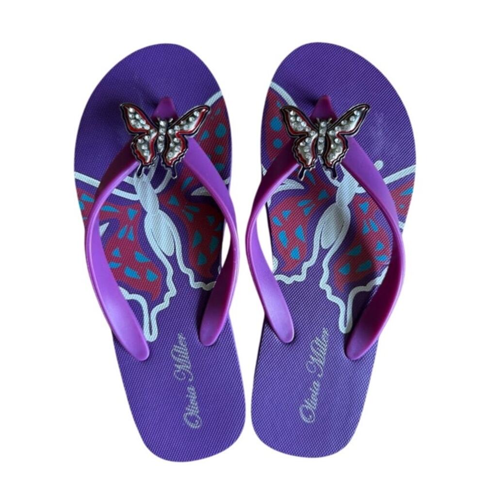 Olivia Miller Butterfly Flip Flops Purple Rhinestone Embellished Sandals 6/6.5